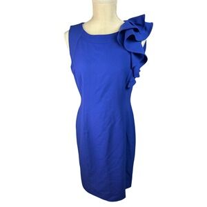 Royal Blue Sleeveless Ruffle Shoulder Sheath Dress Women's Formal Business
